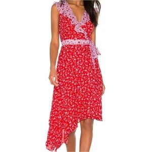 Parker Kaia Faux Wrap Floral Sleeveless  Asymmetrical Silk Red Dress Siz…